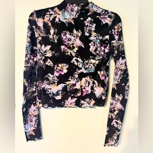PUMA Floral Graphic Print Semi-Sheer Long Sleeve Fitted Crop Shirt. S. Like NWOT